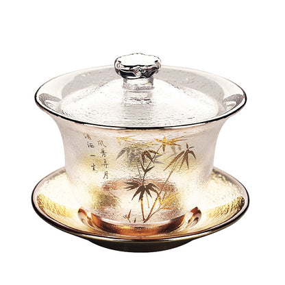 Creative Gaiwan Glass Tureen Sancai Bowl Cup Saucer Lid Teaware Floral Print New