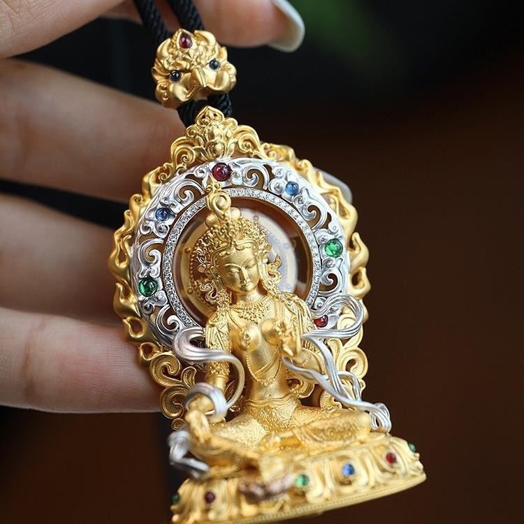 Tibetan Green Tara Pendant Inlaid Buddha Amulet Unisex Hanging Ornament