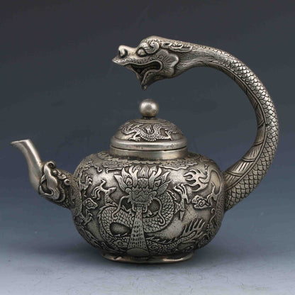 Collection Chinese Tibetan Silver Hand-Carved Dragon Teapot