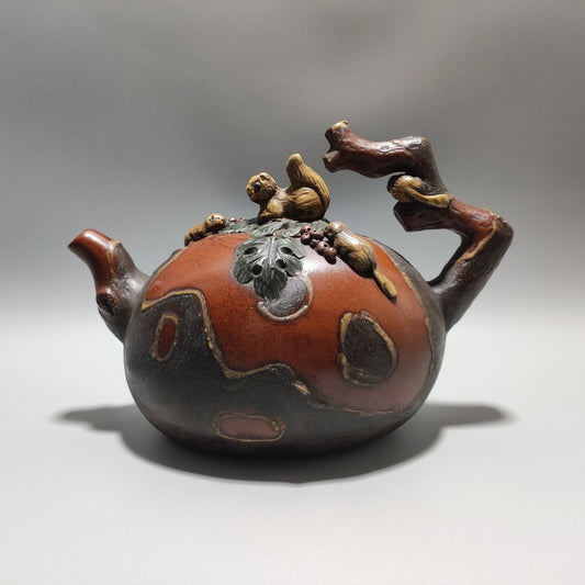 Vintage Chinese Yixing Purple Clay Teapot Zisha Ceramic Squirrel Tea Set Rare
