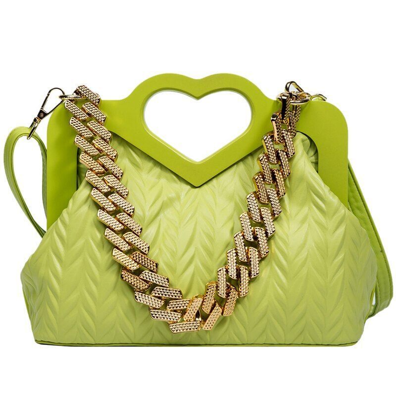 Green Chain Small Synthetic Leather Shoulder Crossbody Bag Wooden Handle Handbag
