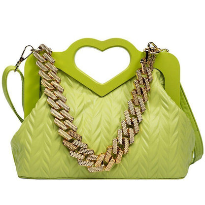 Green Chain Small Synthetic Leather Shoulder Crossbody Bag Wooden Handle Handbag