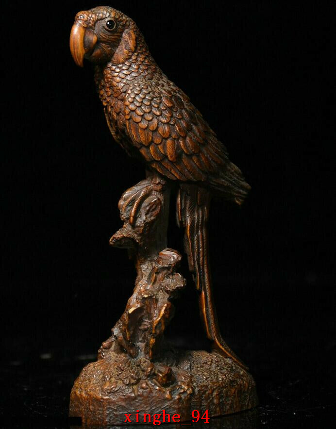 Chinese Folk Boxwood wood Carved FengShui parrot bird auspicious animal Statue