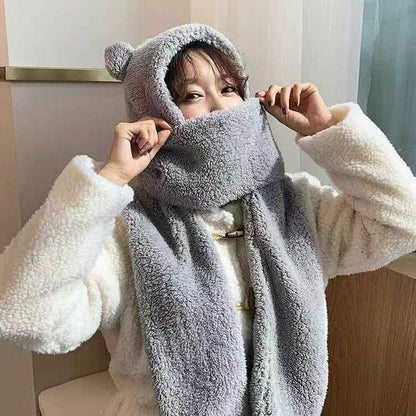 Cute Bear Ears Hat Scarf Gloves Set Balaclava Winter Bandana Velvet Fleece 225CM