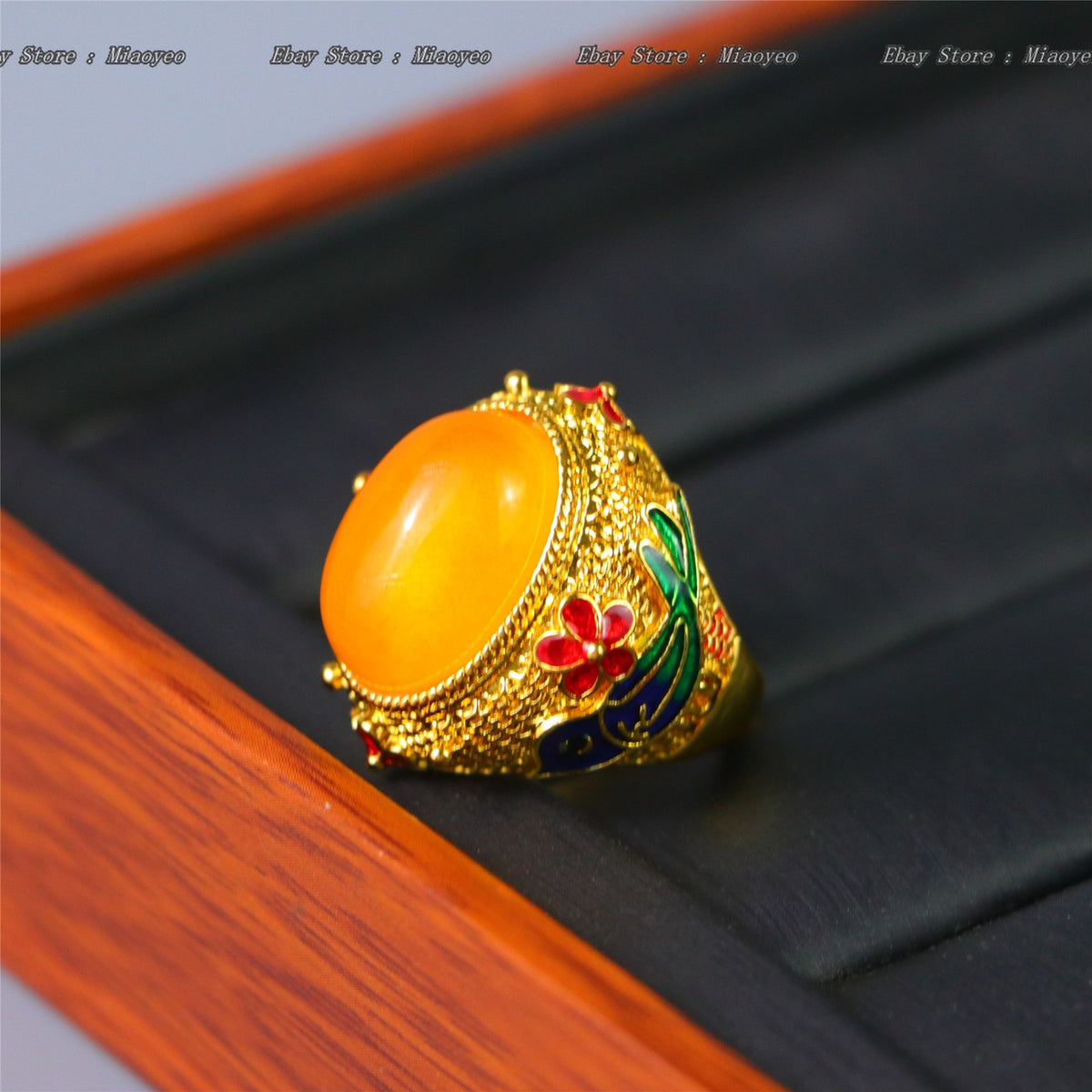 Rare Natural Grade A High Ice Yellow Jade Jadeite Inlay Adjustable Amulet Rings