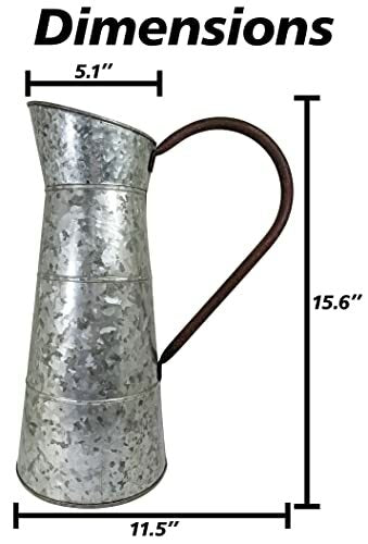 Large Galvanized Metal Pitcher Vase 15.6" H, Rustic Look for Country themed home