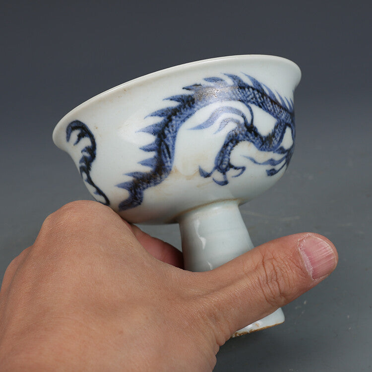 3.7" Chinese Yuan Blue-and-white Porcelain Luck Animal Dragon High Foot Cup