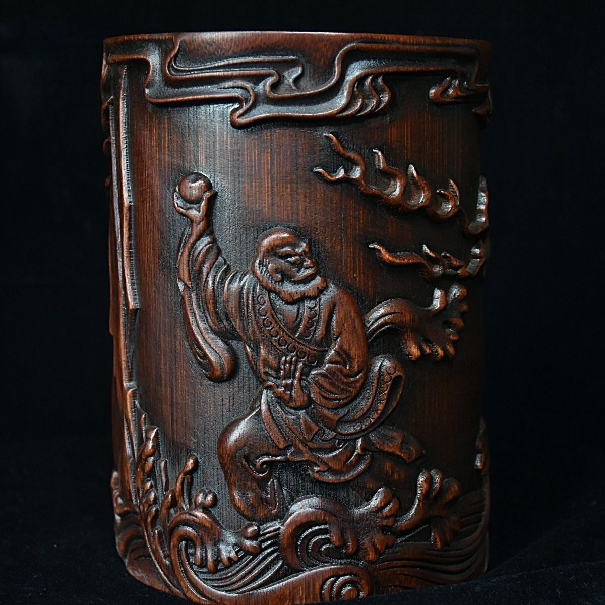 Chinese Wood Brush Pot Old Bamboo Carved Arhat Taming Dragon Pen Holder Collect