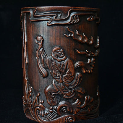 Chinese Wood Brush Pot Old Bamboo Carved Arhat Taming Dragon Pen Holder Collect