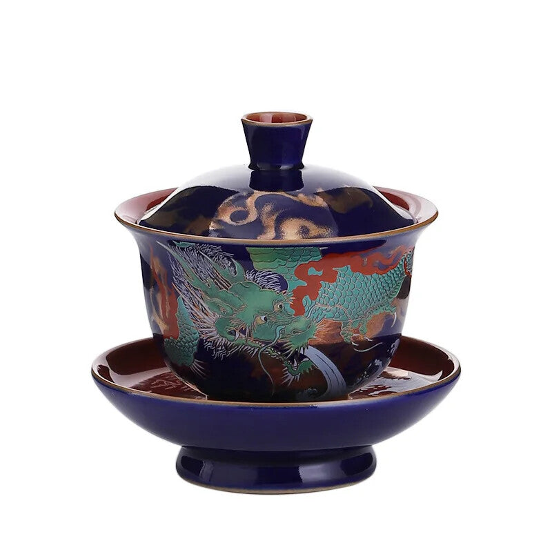 Ceramic Sancai Gaiwan Single Tea Bowl Blue Glaze Large Size with Lid Household