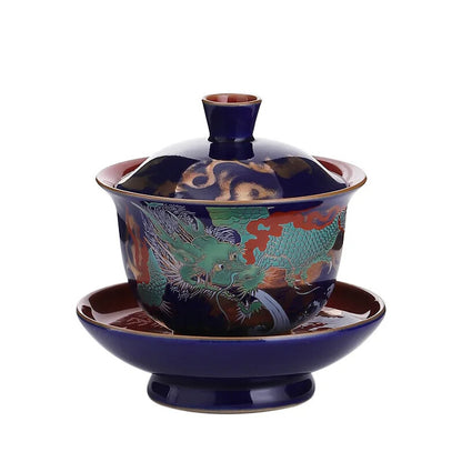 Ceramic Sancai Gaiwan Single Tea Bowl Blue Glaze Large Size with Lid Household