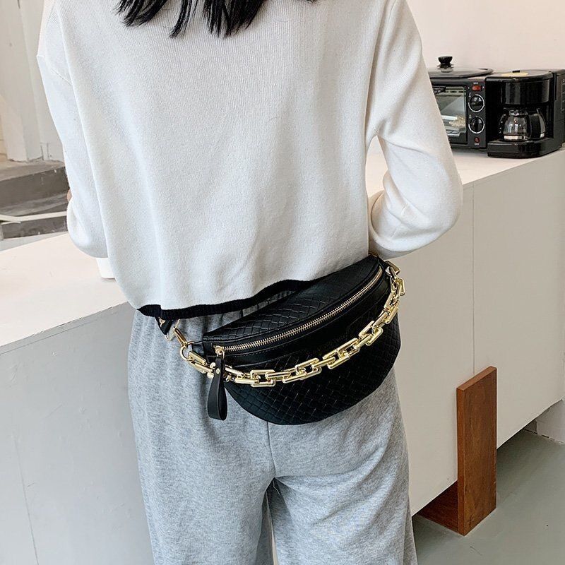 Thick Chain Fanny Pack Plaid Leather Waist Bag Shoulder Crossbody Handbags Belt