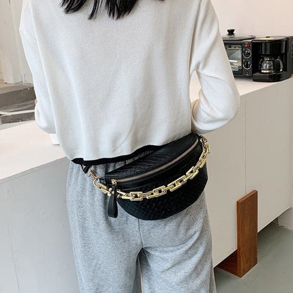 Thick Chain Fanny Pack Plaid Leather Waist Bag Shoulder Crossbody Handbags Belt