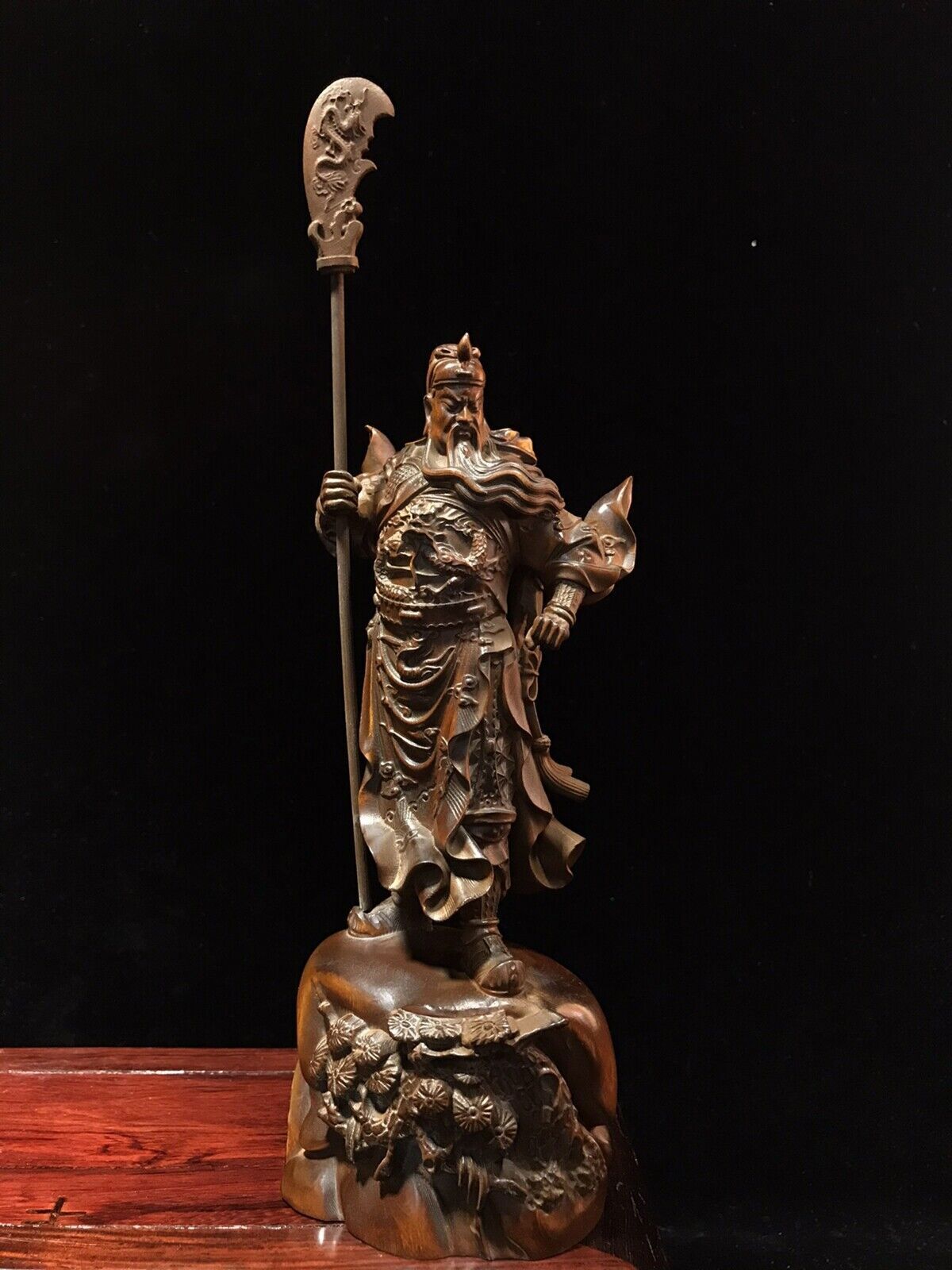 Chinese Antique Wood Carved Boxwood Guan Yu Figure Statue Sculpture Art