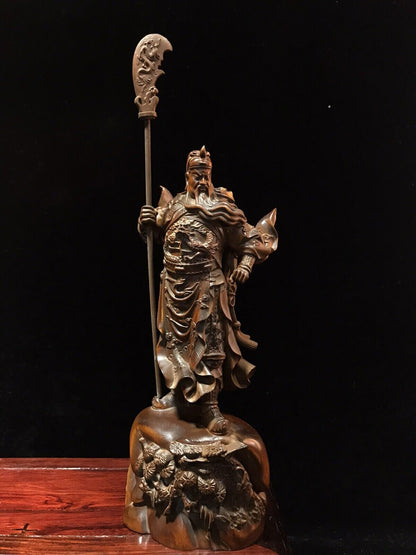 Chinese Antique Wood Carved Boxwood Guan Yu Figure Statue Sculpture Art
