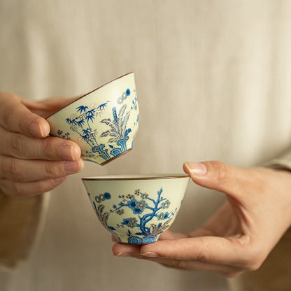 Blue & White Ru Kiln Pine Bamboo Plum Teacup 55ml Gongfu Tea Cup
