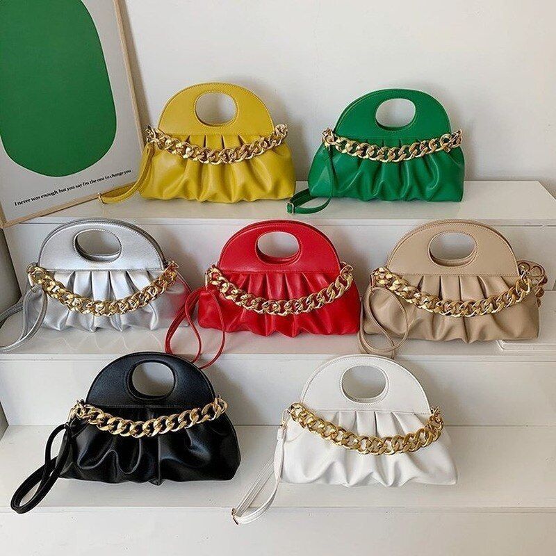 Handbag Thick Chain Handle Pleated Shell Bag Clutch Purses Crossbody Long Belt