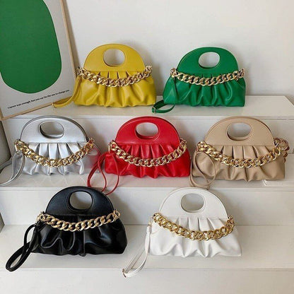 Handbag Thick Chain Handle Pleated Shell Bag Clutch Purses Crossbody Long Belt