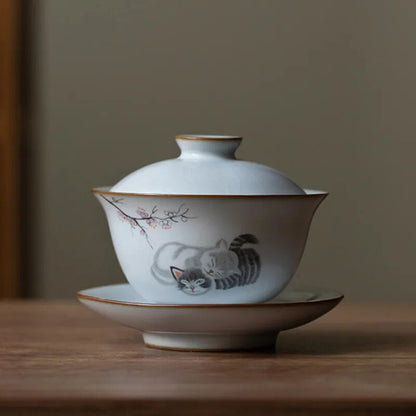 160ml Traditional Ceramic Tureen Bowl Handmade Cat Pattern Gaiwan Cup Tea Set