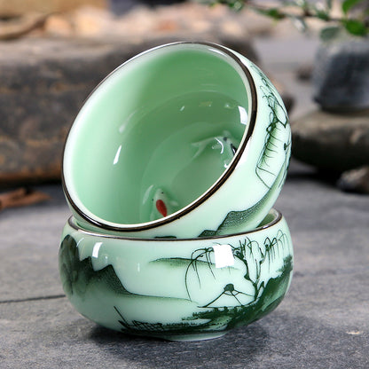 Longquan Celadon Kungfu Tea Set Handpainted Underglaze Tea Pot Fish Carved Cups