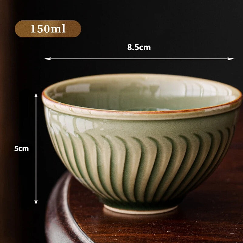 150ml Yue Kiln Relief Drum-shaped Celadon Tea Cup Master Cup Single Tea Set