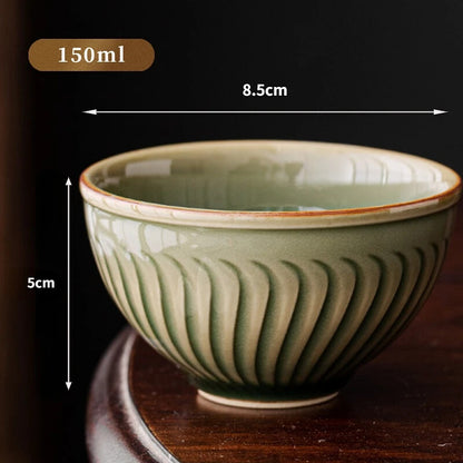 150ml Yue Kiln Relief Drum-shaped Celadon Tea Cup Master Cup Single Tea Set