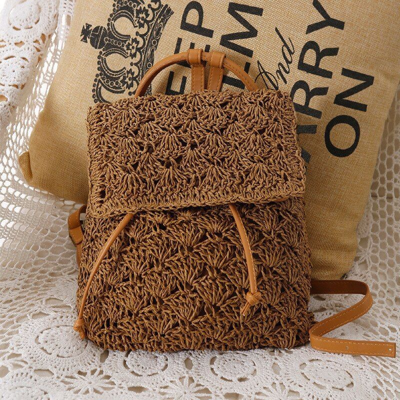Backpack Straw Beach Bag Hollow Out Women Luxury Polyester 20L Softback Leisure