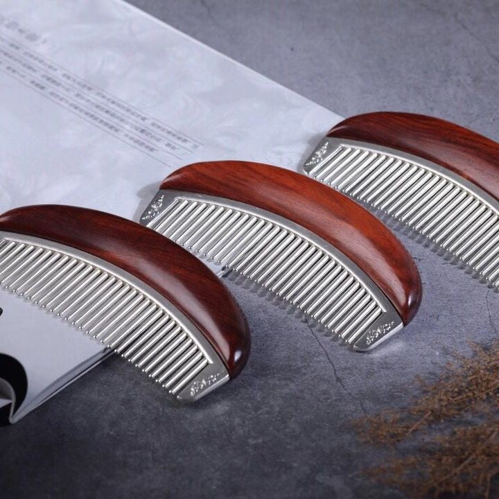 African Red Sandalwood Comb Alloy Silver-Plated Portable Chinese Meridian Comb