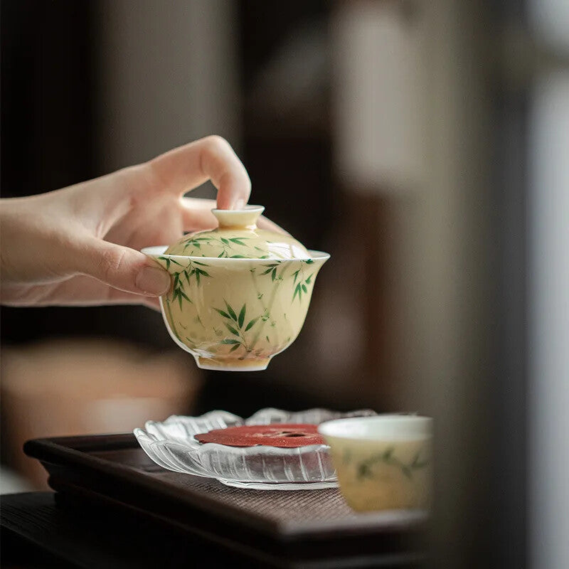 Hand Painted Bamboo Porcelain Yellow Gaiwan For Tea Tureen Teaware Cup Chinese