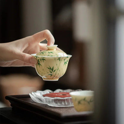 Hand Painted Bamboo Porcelain Yellow Gaiwan For Tea Tureen Teaware Cup Chinese