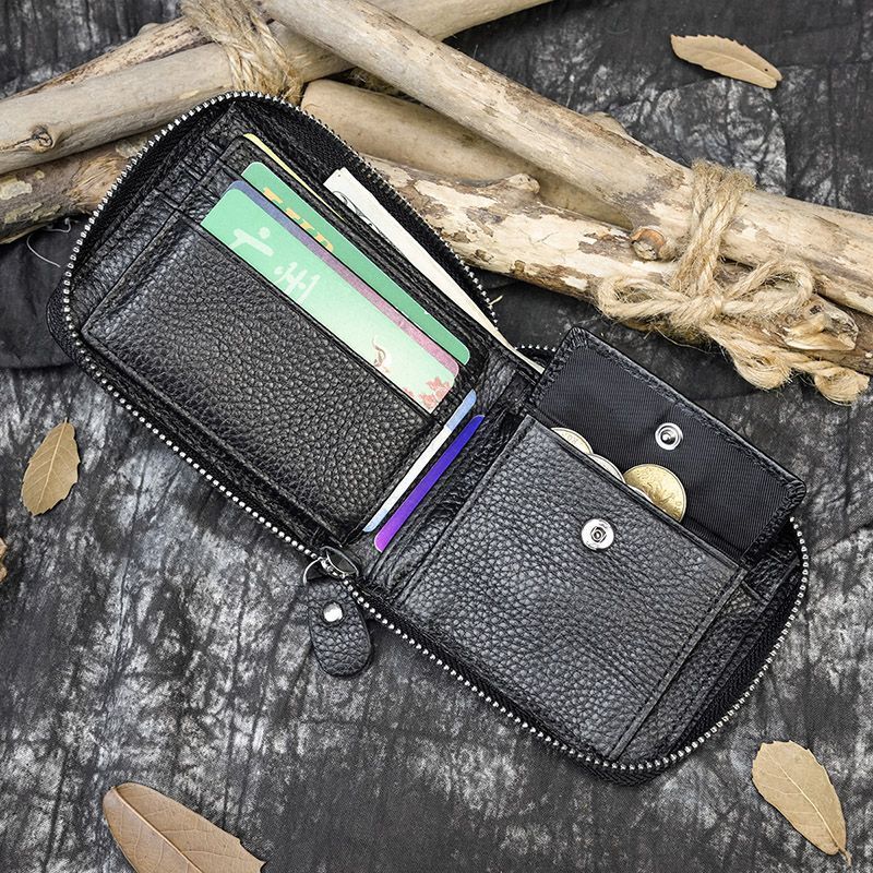 Genuine Leather Zipper Wallet Cowskin Short Purse Coin Pocket Zip Card Bag Small