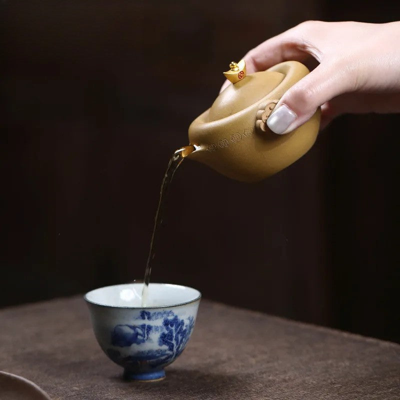 100ml Yixing Purple Clay Handcarved Ingot Pot Tea Kettle Chinese Retro Teaware