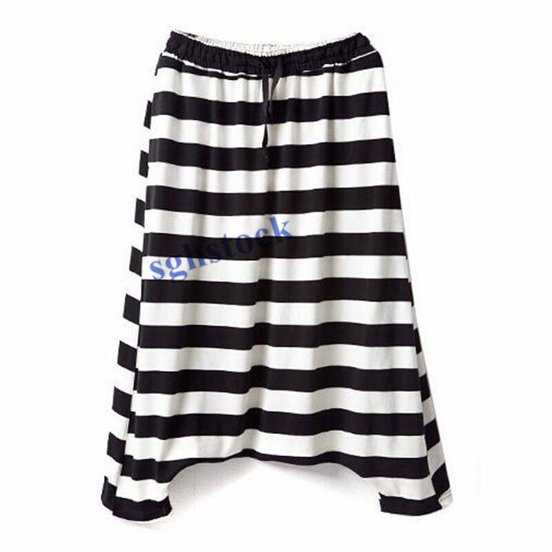 Women Striped Harem Pants New Casual Baggy Low Drop Crotch Trousers Rock Loose