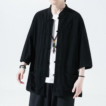 Chinese Tang Suit Men Retro Half Sleeve Shirt Kung Fu Tai Chi Jacket Hanfu Top