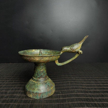 Chinese Warring States Bronze Bird-Handle Lamp Replica 13x17cm Decor