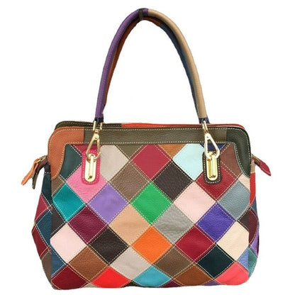 100% Genuine Leather Colorful Patchwork Handbag Women's Tote Shoulder Bag