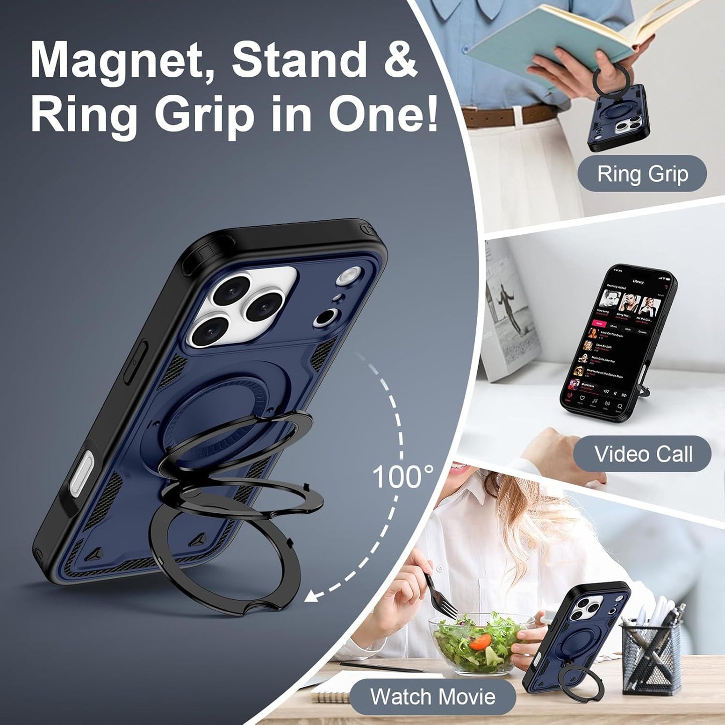 Iphone 17 Pro Max Case with 360° Spin Magnetic Stand Ring Holder, Fit for Mag-Sa
