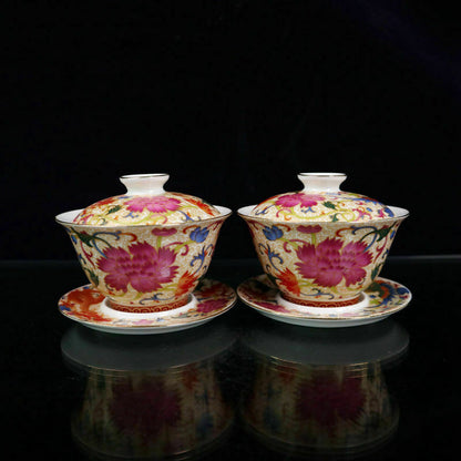 A Pair Chinese Porcelain Gold-painted Pastel Dragon Phoenix Pattern Tea Bowls