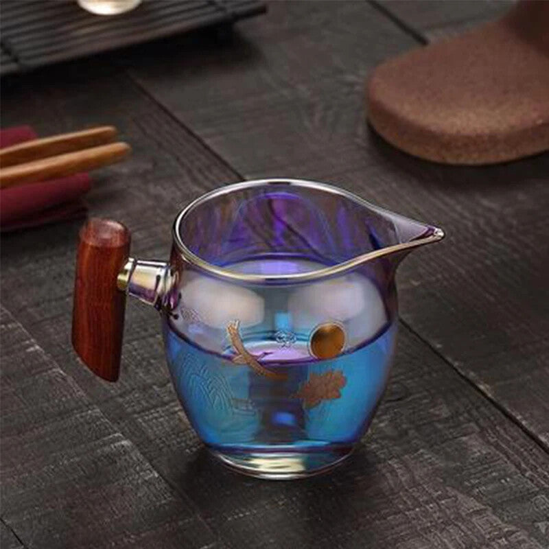 350ml 5.3" Glass Wood Handle Color Burn Thickened Glass Side Handle Cup Tea Set