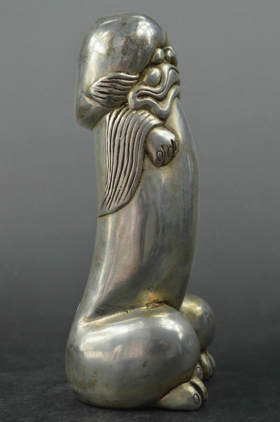 Chinese silver carved guard Foo Dogs Lion statues Collected