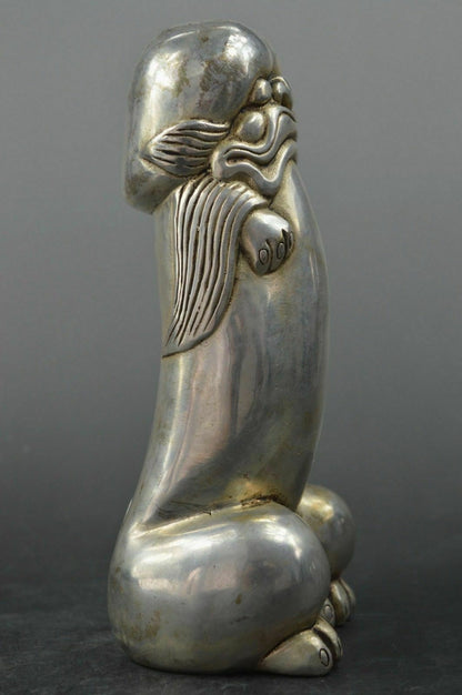 Chinese silver carved guard Foo Dogs Lion statues Collected