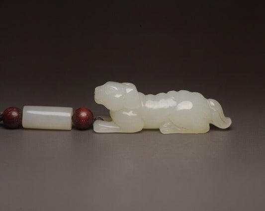 Top Chinese Natural White Hetian Jade Carved Dog 旺财 Statue Gift Animal Small Art