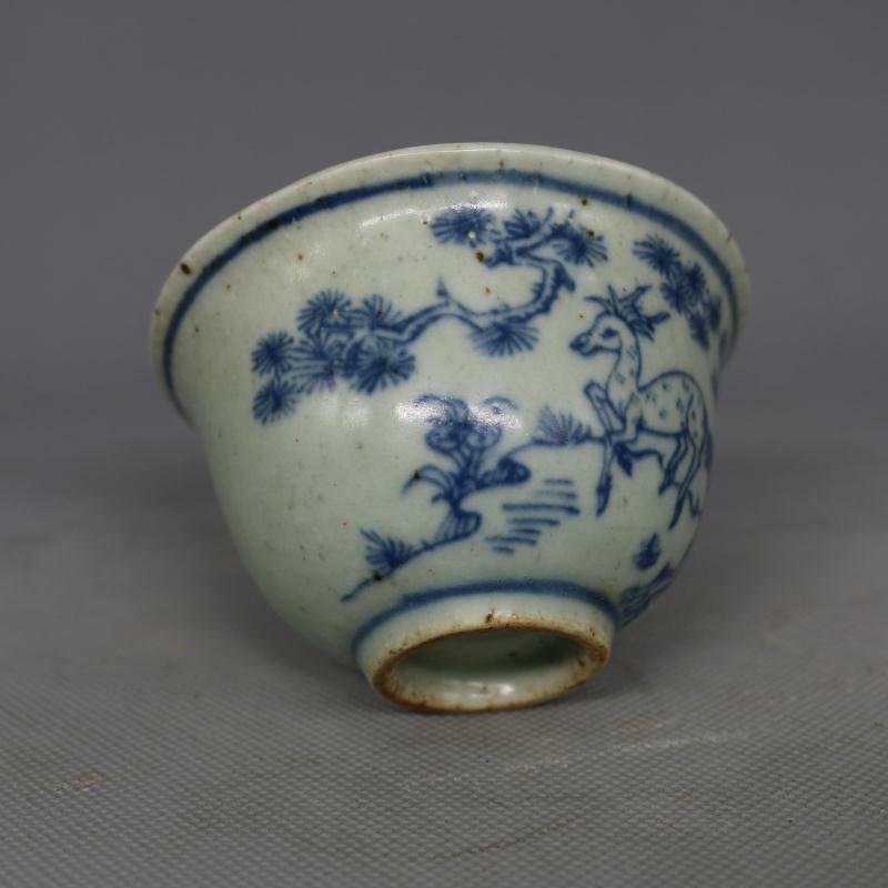 3.15 Inch Chinese Ming Blue and White Porcelain Deer Crane Design Teacup Cup