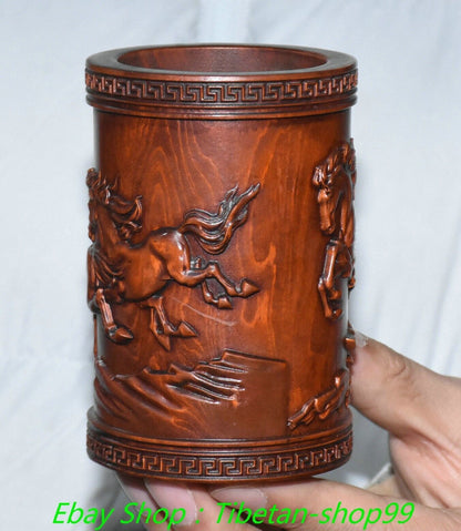 4.3''Old Chinese Boxwood Carving Horse Pot Pencil Holder Statue Sculpture