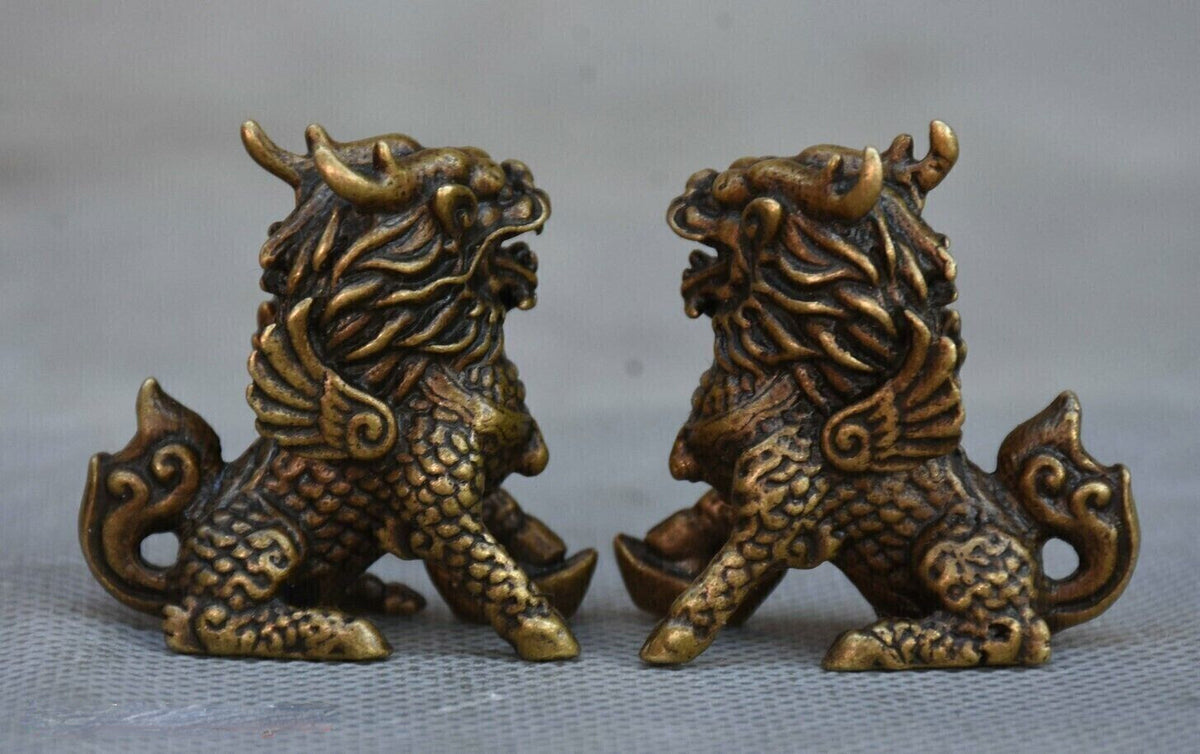 Pairs Chinese Copper Bronze FengShui Lucky Kylin Chi lin Qilin God Beast Statue