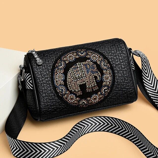 Women's Crossbody Genuine Leather Embroidered Duffel Bag Elephant Pattern Gift