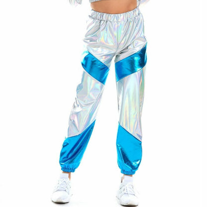 Women Pants Long Pockets High Waist Loose Holographic Patchwork Trousers Jogger