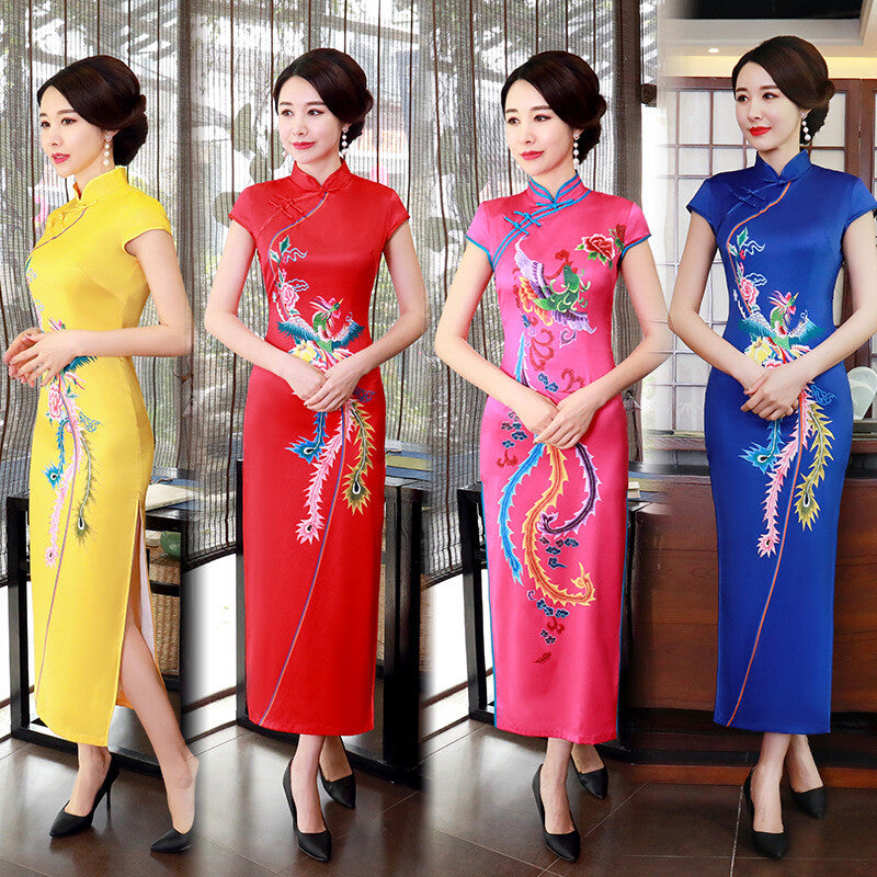 Chinese Traditional Cheongsam Women Silk Long Dress Prom Qipao Size M to 4XL