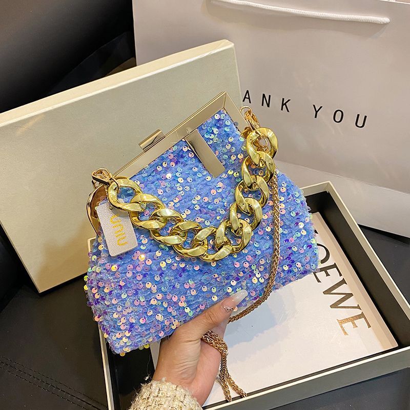 Sequin Shoulder Messenger Bag Buckle Handbag Thick Chain Polyester Purse Hasps