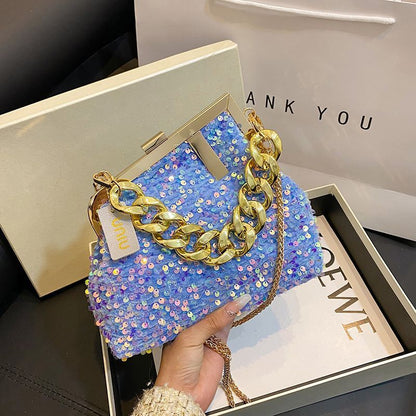 Sequin Shoulder Messenger Bag Buckle Handbag Thick Chain Polyester Purse Hasps